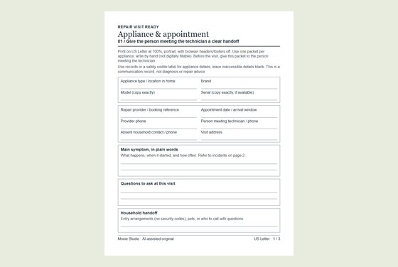 Actual appointment-handoff page from Repair Visit Ready