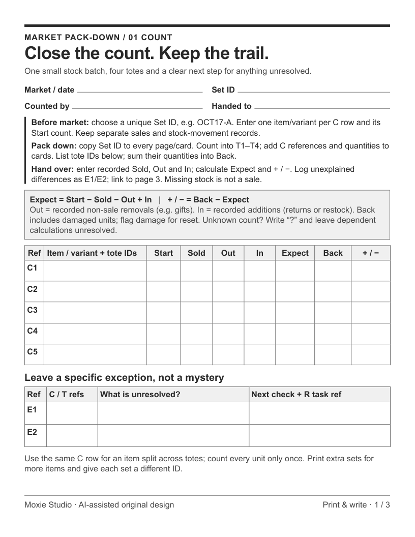 Actual included stock-count and exception sheet, not an automatic calculator