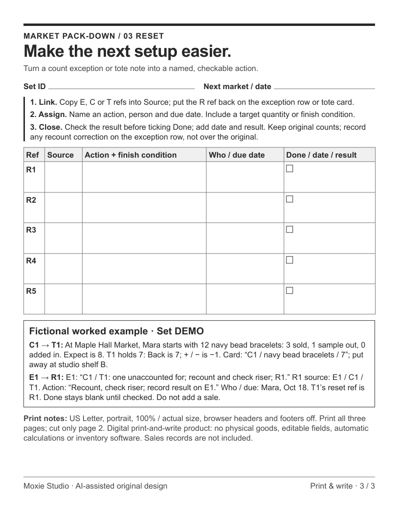 Actual included reset-task page with a clearly fictional worked example