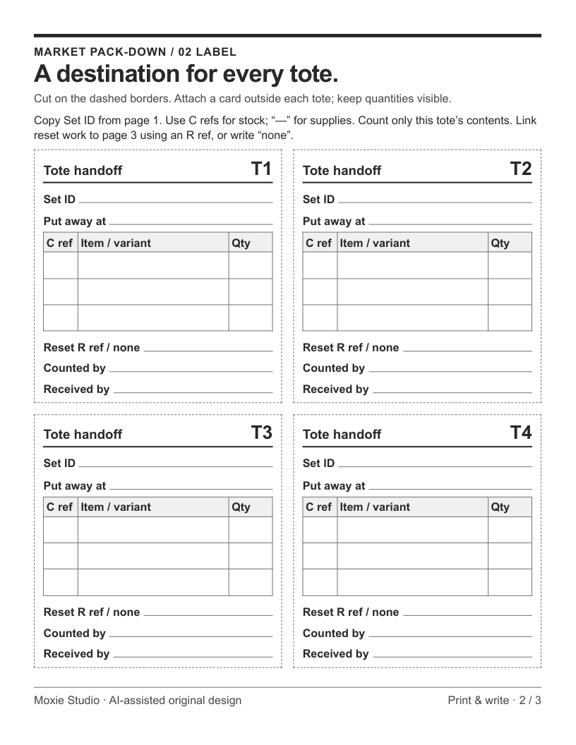 Actual included page with four cut-apart tote handoff cards