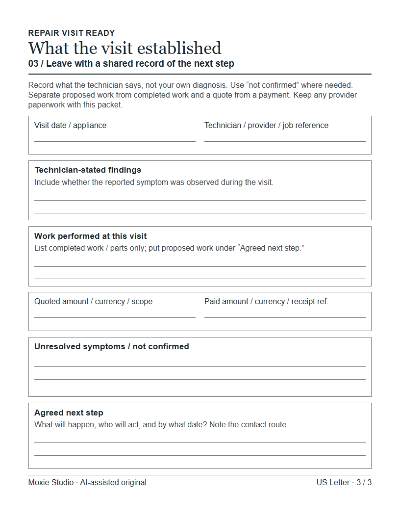 Actual technician-stated findings and next-step record from Repair Visit Ready