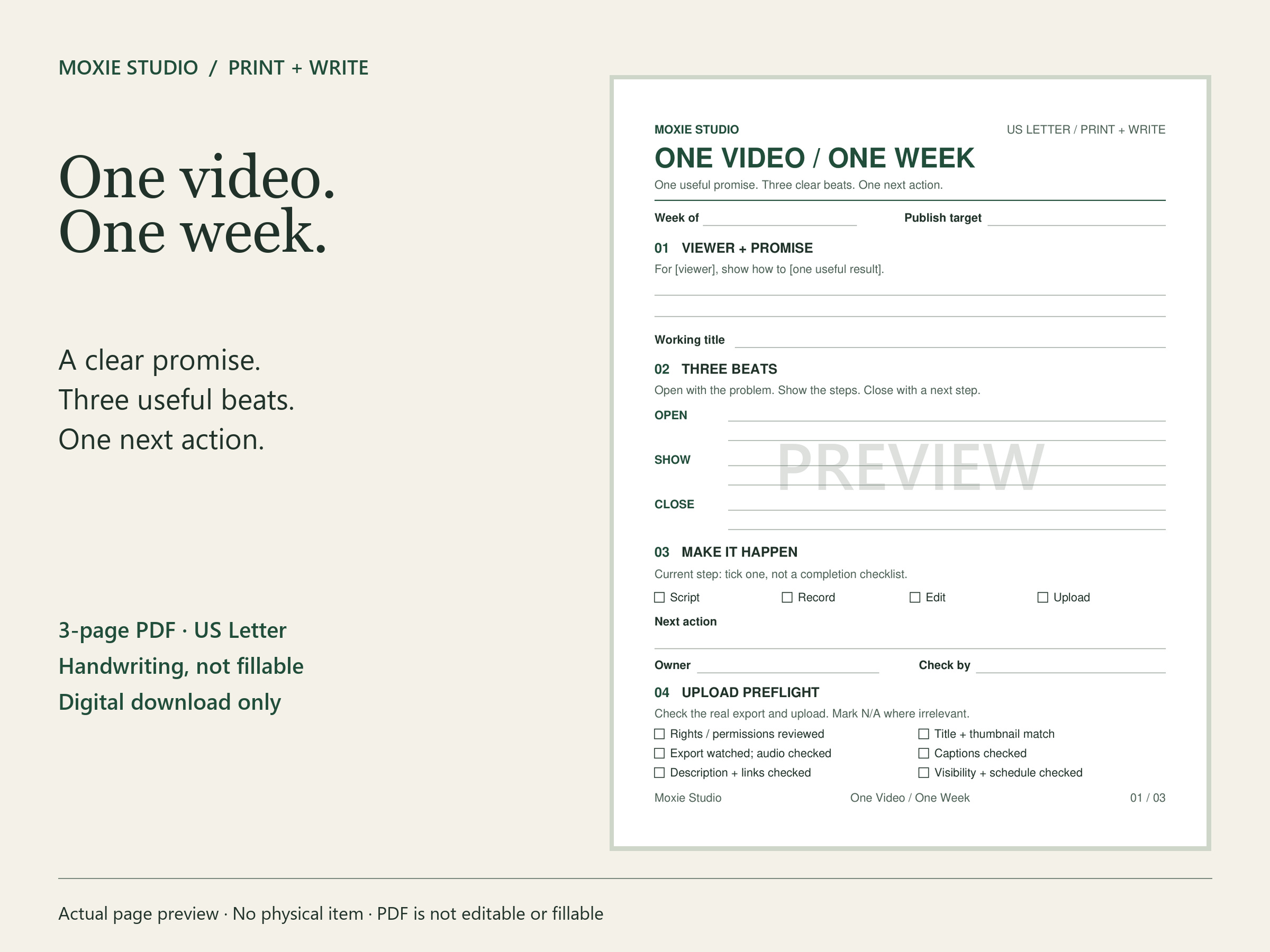 Actual blank One Video One Week planning worksheet, shown within the listing preview